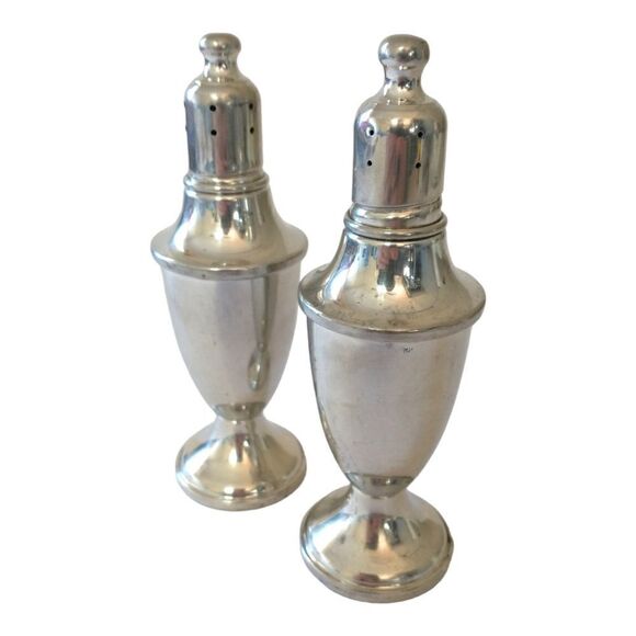 Web Pewter Salt Pepper Shaker Set Amber Glass Lined Weighted Vtg 80s Farmhouse. - Picture 8 of 16